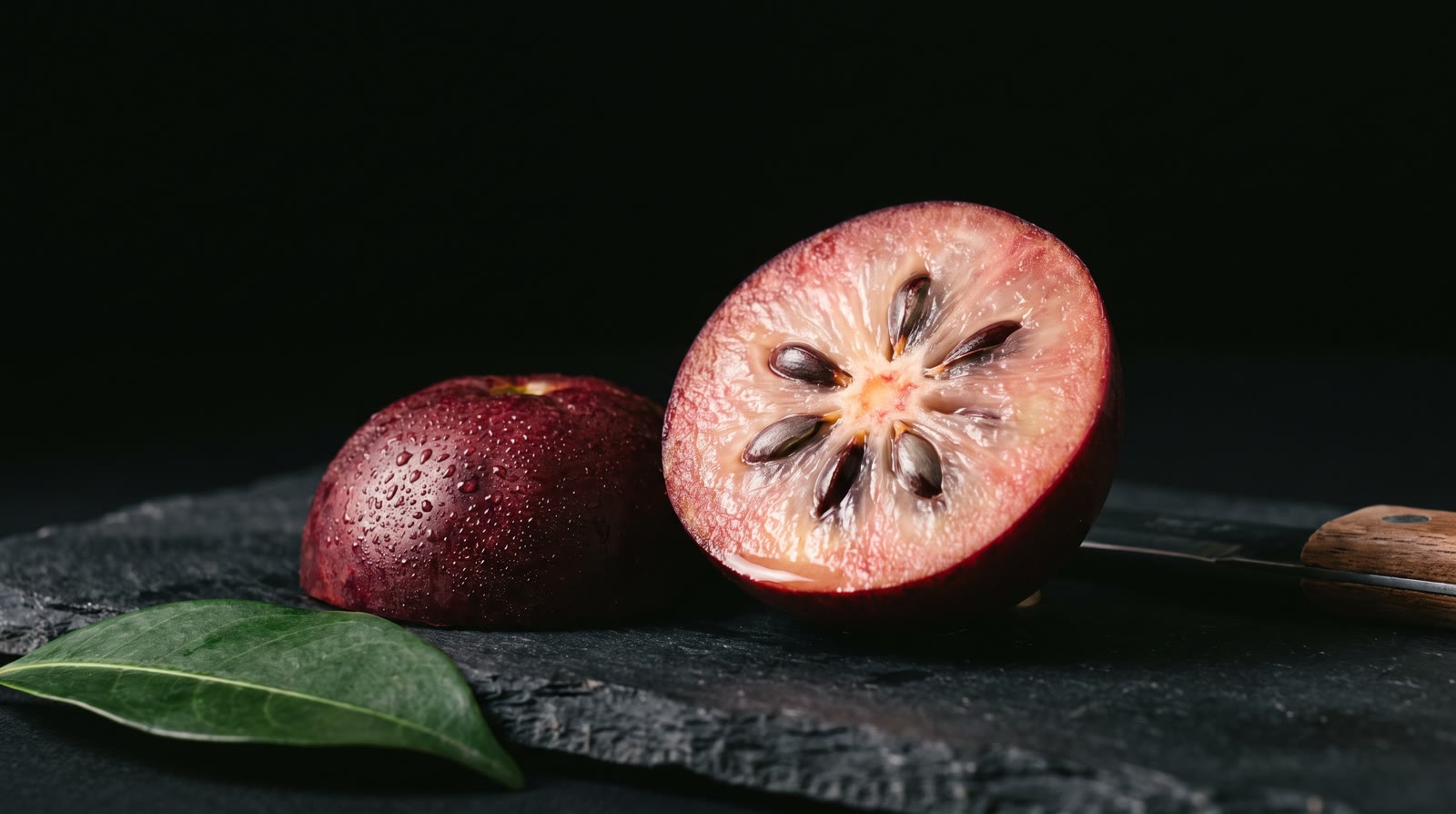 A kokum fruit cut in half, its seeds in a ring around the centre.