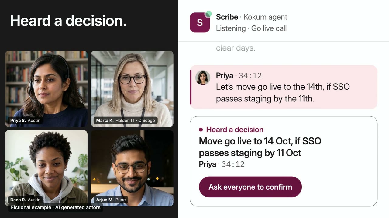 Four people on a video call beside Kokum's call panel, which has just heard a decision