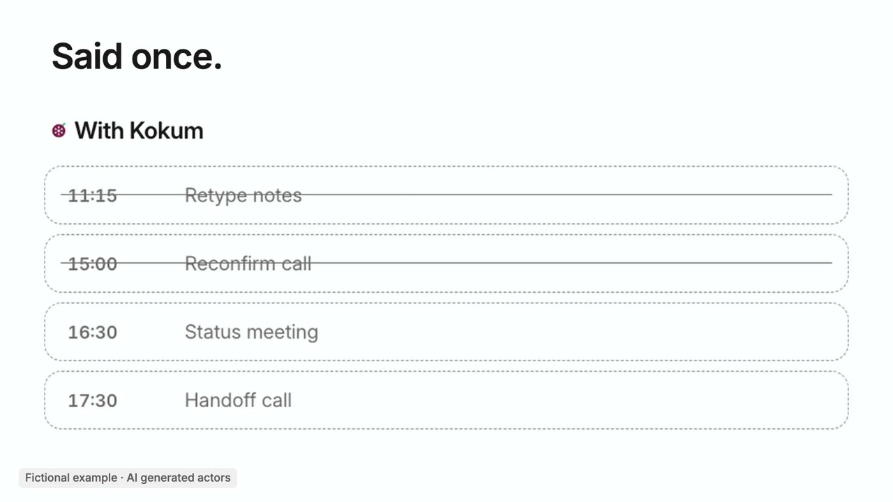 Retype notes, reconfirm call, status meeting and handoff call struck off Priya's day